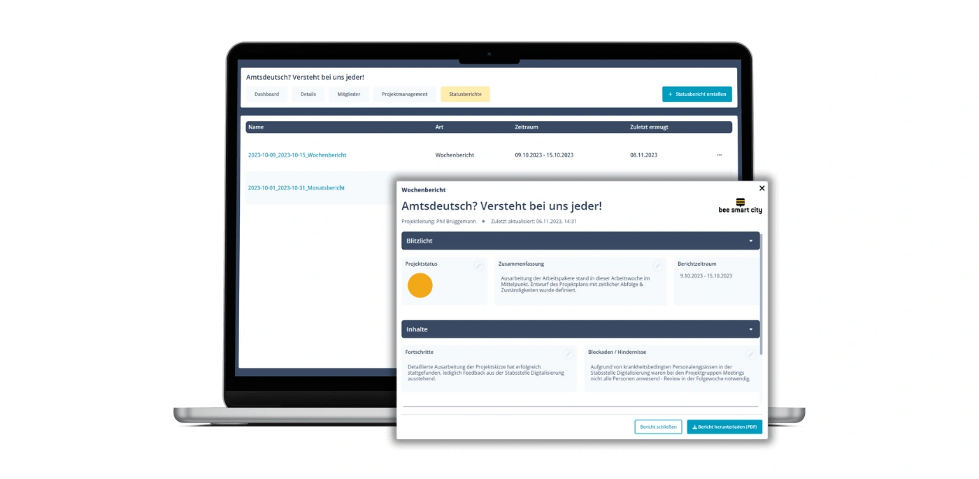 FE der smart city toolbox. Sicht auf Statusberichte
